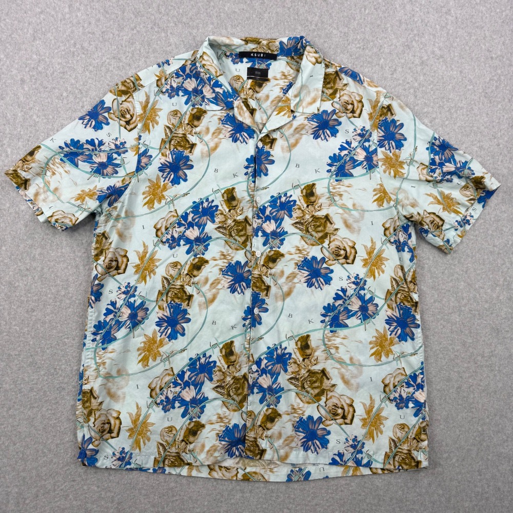 Ksubi Shirt Mens XL Blue Floral Barbed Wire Loop Collar Camp Short Sleeve Tencel